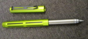 Spoke Pen in green aluminum with cap off to see titanium grip