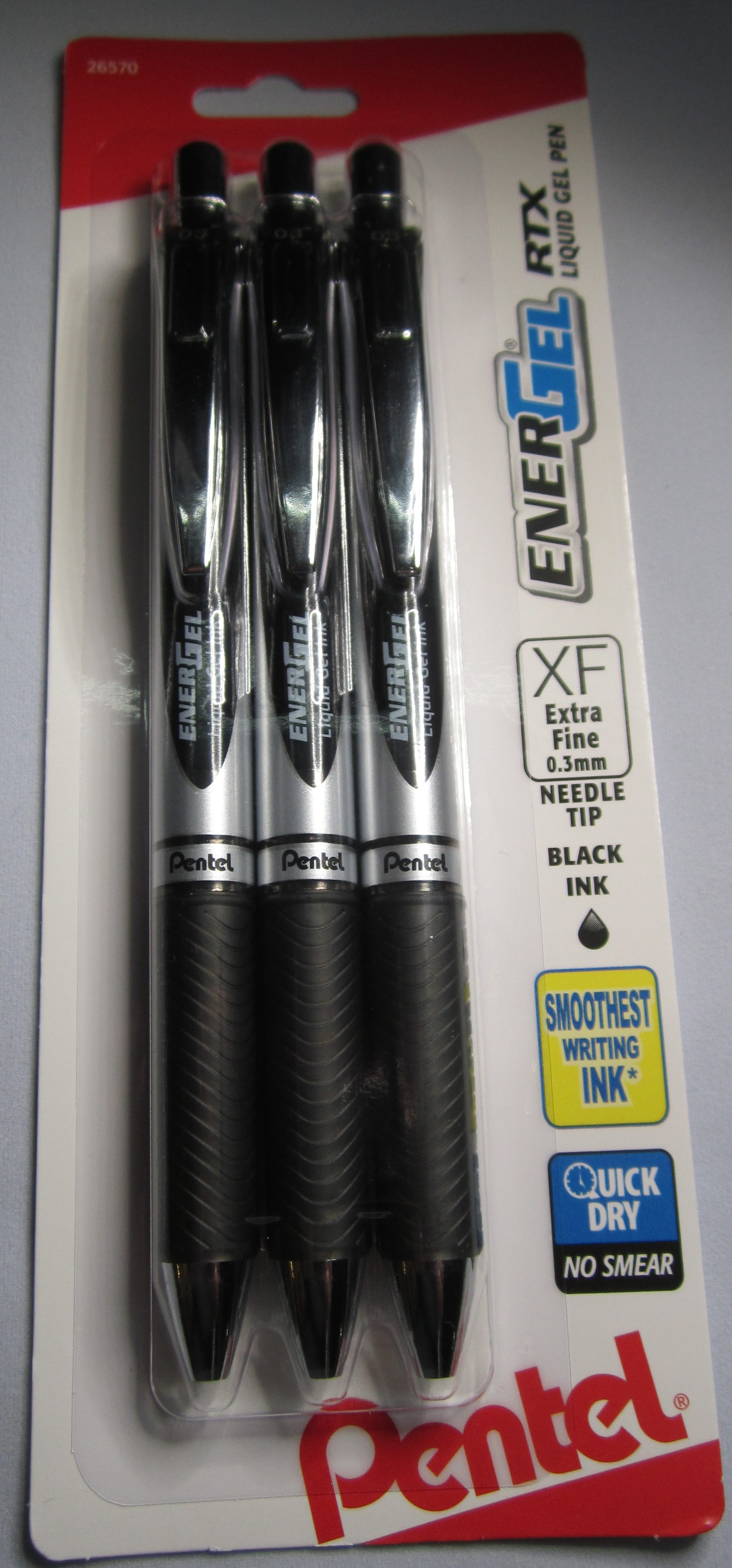 Pentel EnerGel RTX Pens 0.3 mm Needle Point Black Ink Pack Of 3