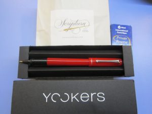 Image of the Scriptura bag, Private Reserve ink cartridges, and the Yookers open box