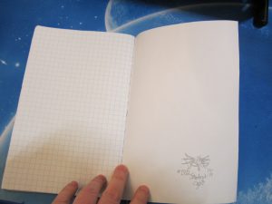 Inside of a soft cover notebook