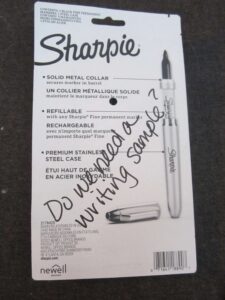 The back of the Sharpie package with "Do we need a writing sample?" written in Sharpie Ink