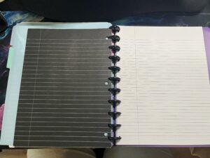 Black paper is stuff I had - 8x10" with 3 holes next to the paper that came with the notebook.