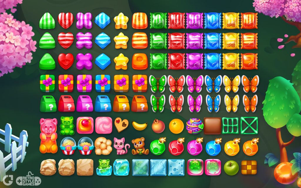 Colorful candy pieces for Match 3 stylized Game boards