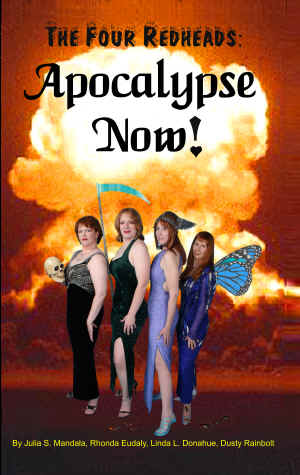 The four redheads in formal wear, props and a mushroom cloud in the background