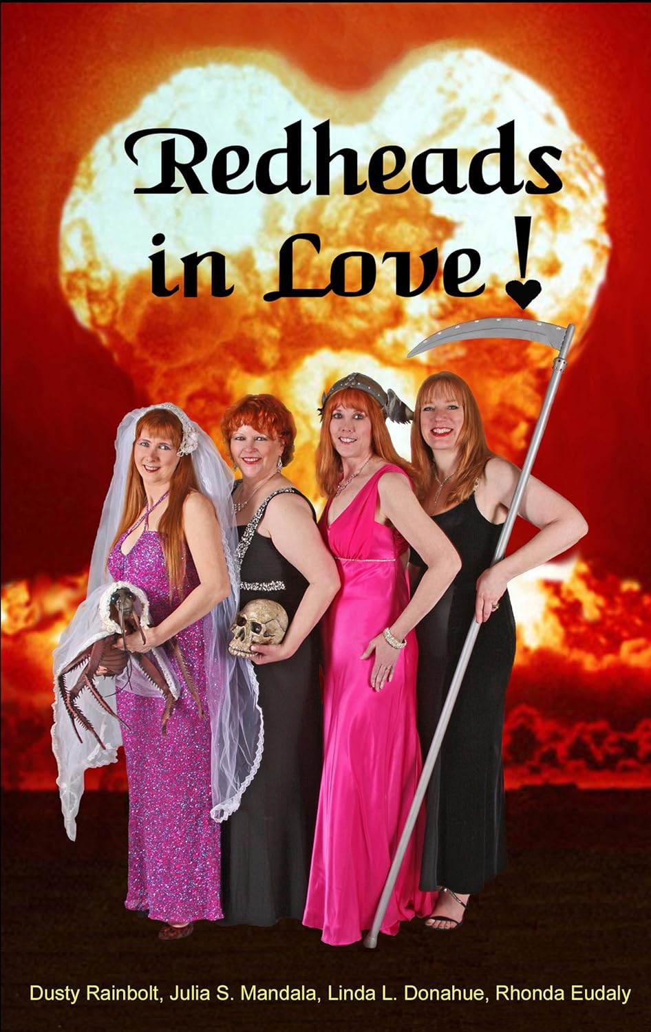 Redheads in Love! Cover with Four redeads in formal wear and propes with a heart shaped explosion behind them.