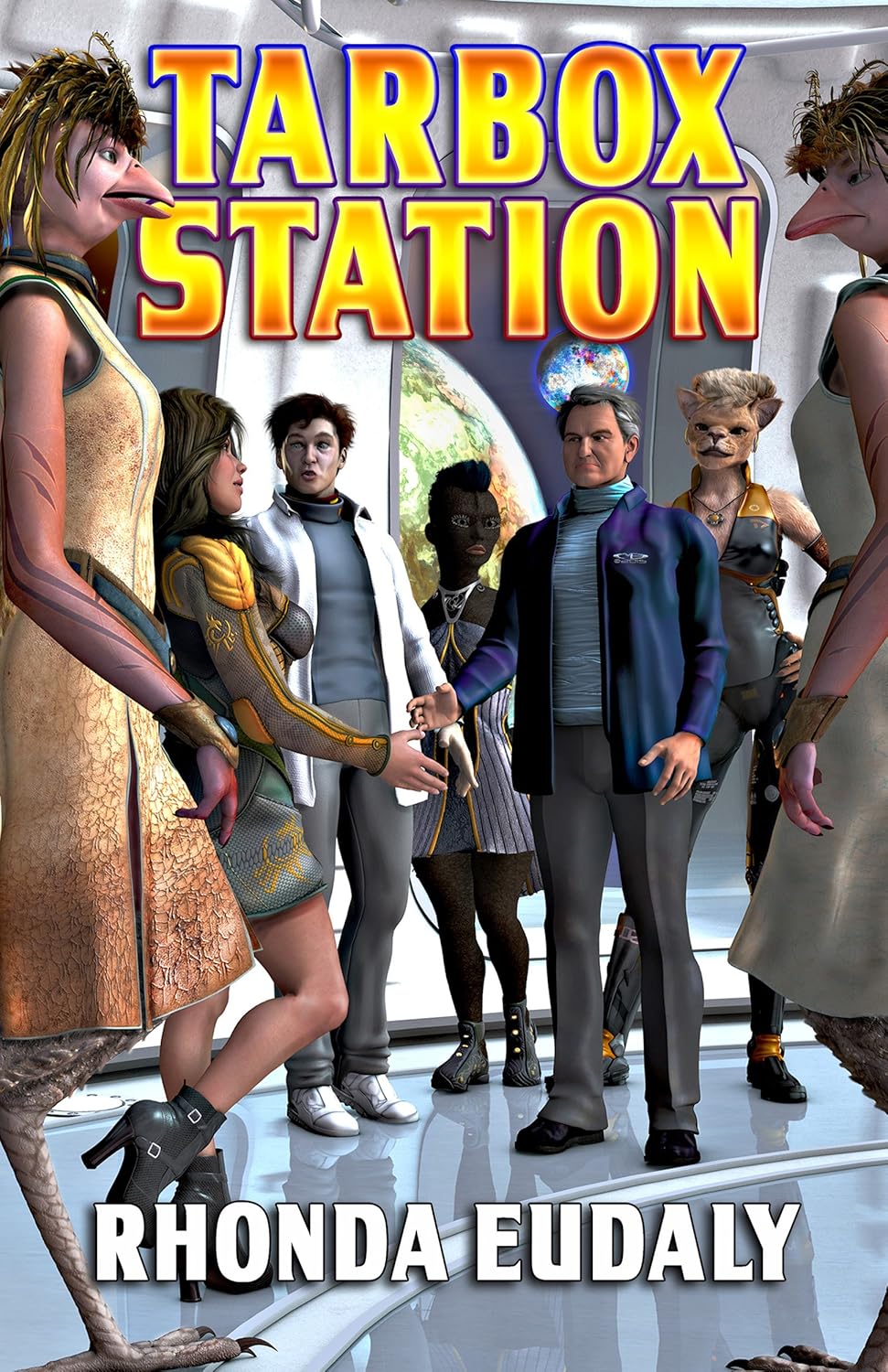 Humans and aliens on a space station meeting each other.