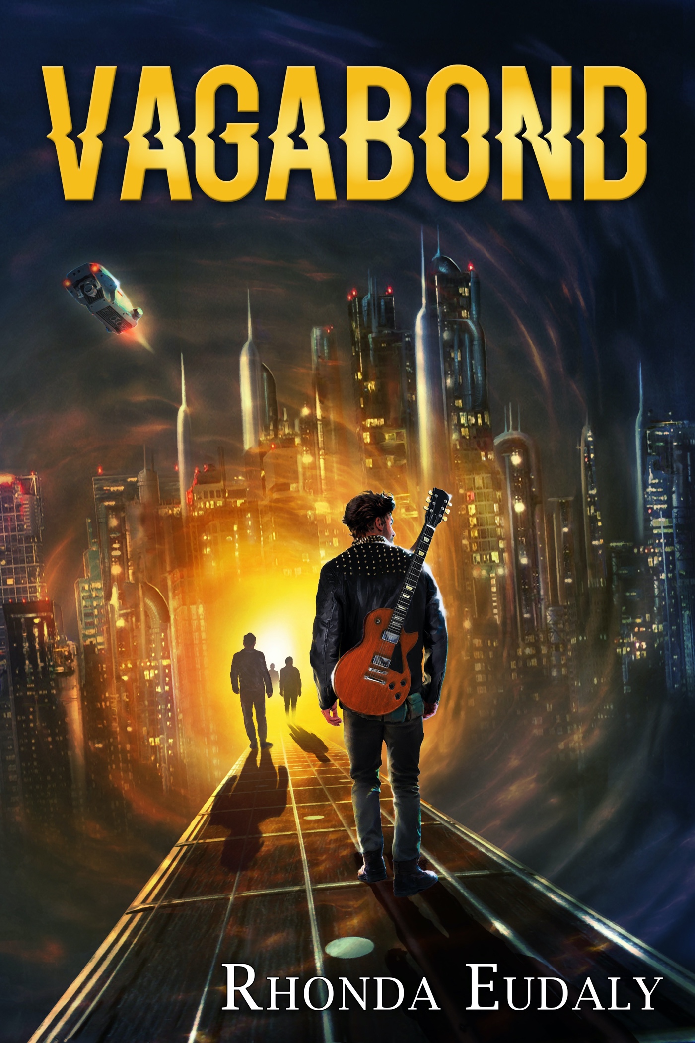 Vagabond cover of a futuristic city with a vortex and men walking down a guitar fretboard. A man with a guitar on his back is in the foreground
