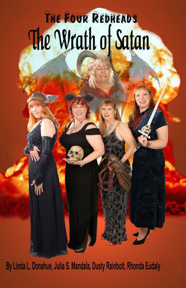 The Wrath of Satan cover with the four redheads in formal wear and props witha an explosion behind them with satan in the cloud.